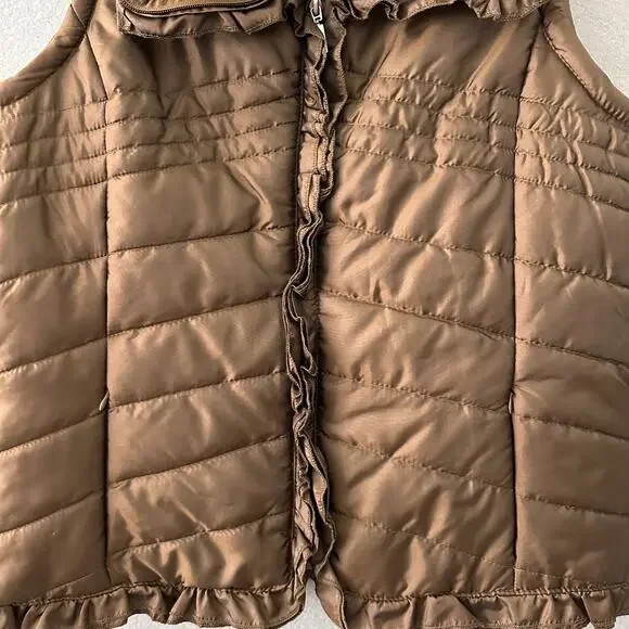 New Directions Brown Puffer Vest W/ Faux Fur Collar And Ruffle Detail Womens XL - Picture 4 of 12